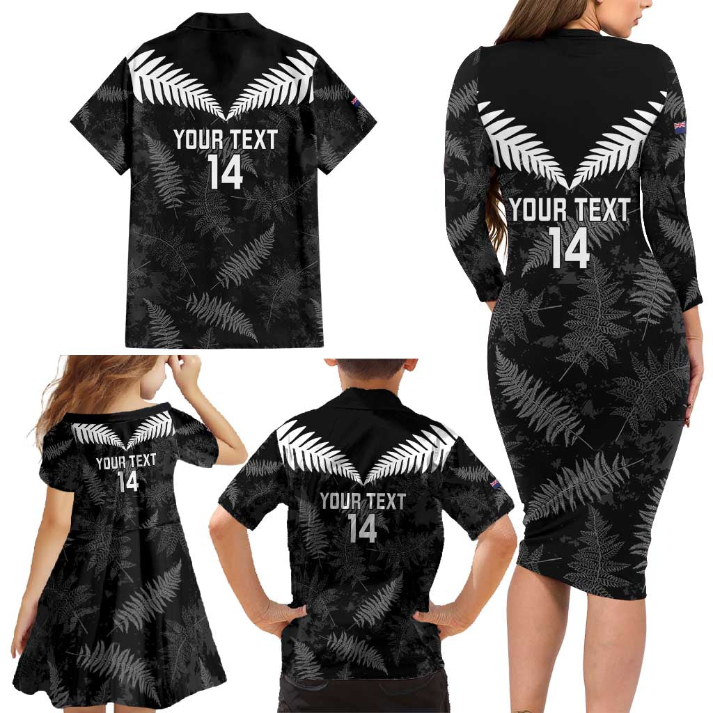 Custom New Zealand Silver Fern Football Family Matching Long Sleeve Bodycon Dress and Hawaiian Shirt Go Aotearoa Grunge Black - Polynesian Pride