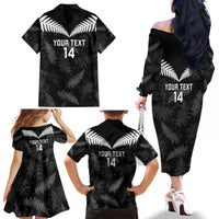 Custom New Zealand Silver Fern Football Family Matching Off The Shoulder Long Sleeve Dress and Hawaiian Shirt Go Aotearoa Grunge Black - Polynesian Pride