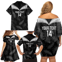 Custom New Zealand Silver Fern Football Family Matching Off Shoulder Short Dress and Hawaiian Shirt Go Aotearoa Grunge Black - Polynesian Pride