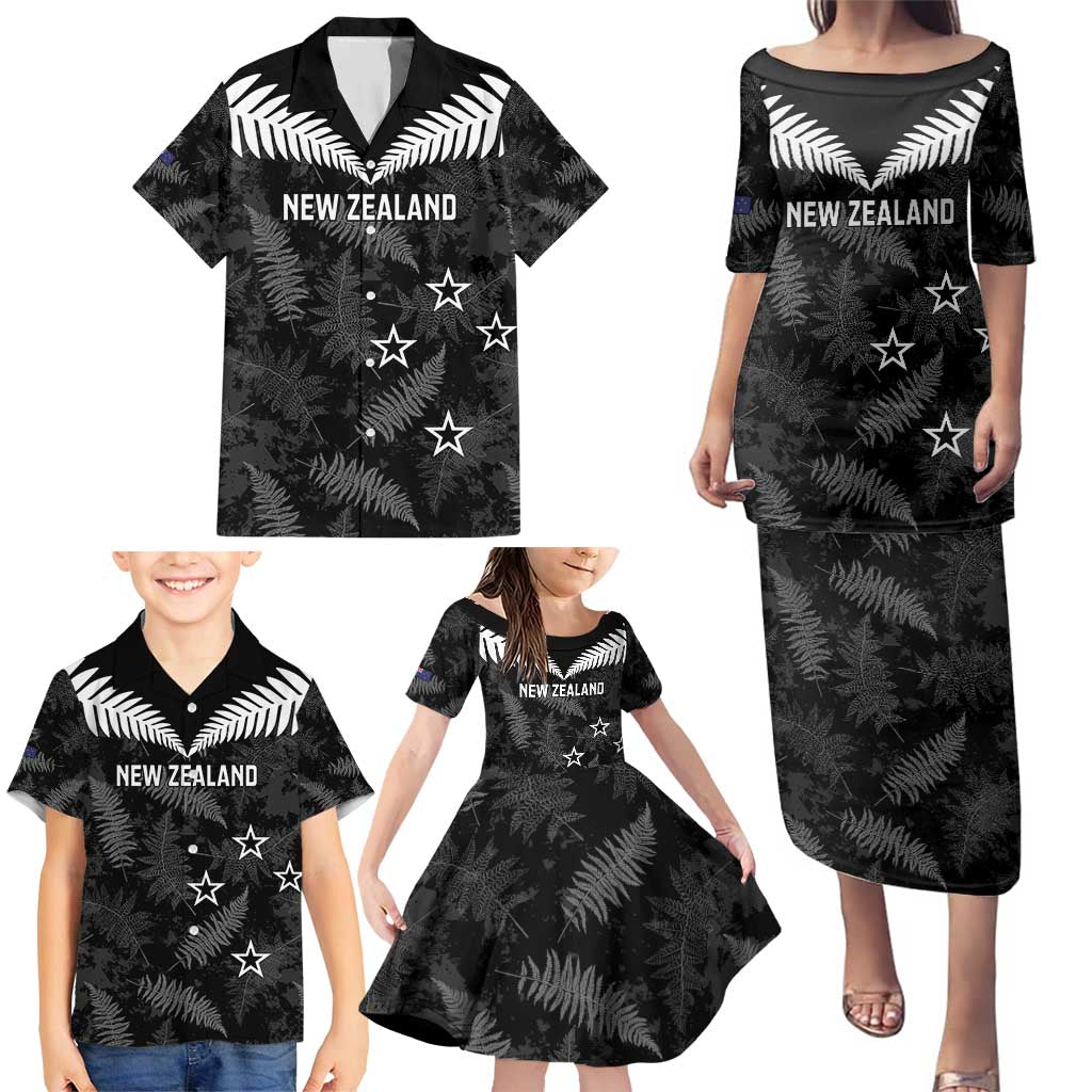 Custom New Zealand Silver Fern Football Family Matching Puletasi and Hawaiian Shirt Go Aotearoa Grunge Black - Polynesian Pride