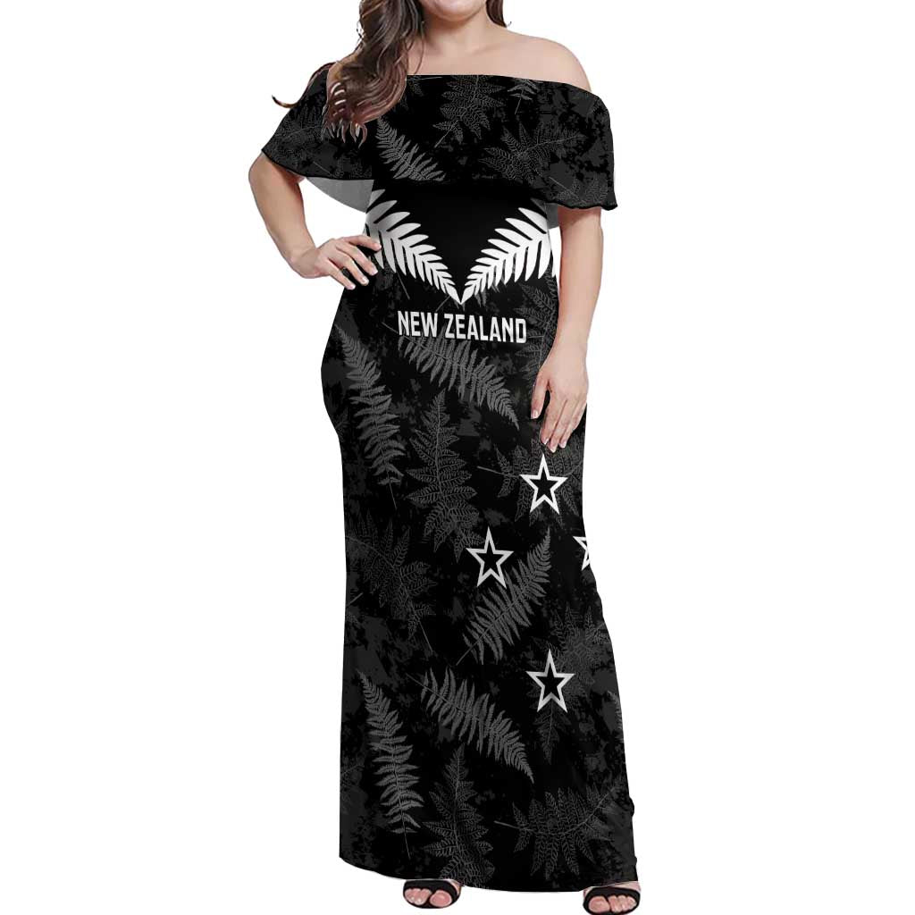 Custom New Zealand Silver Fern Football Off Shoulder Maxi Dress Go Aotearoa Grunge Black - Polynesian Pride