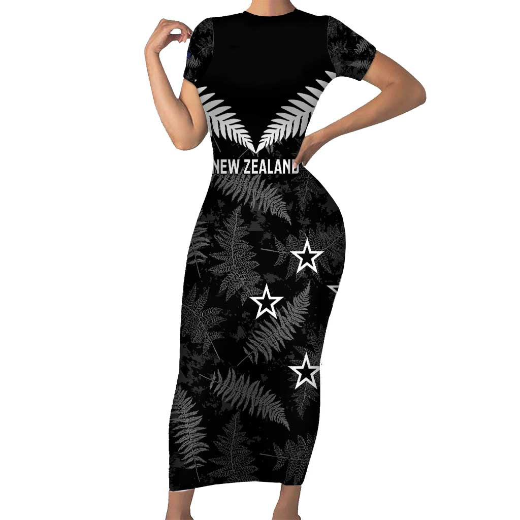 Custom New Zealand Silver Fern Football Short Sleeve Bodycon Dress Go Aotearoa Grunge Black - Polynesian Pride