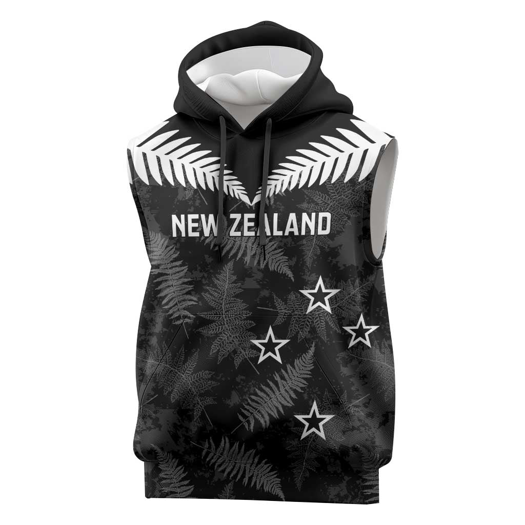 Custom New Zealand Silver Fern Football Sleeveless Hoodie Go Aotearoa Grunge Black - Polynesian Pride