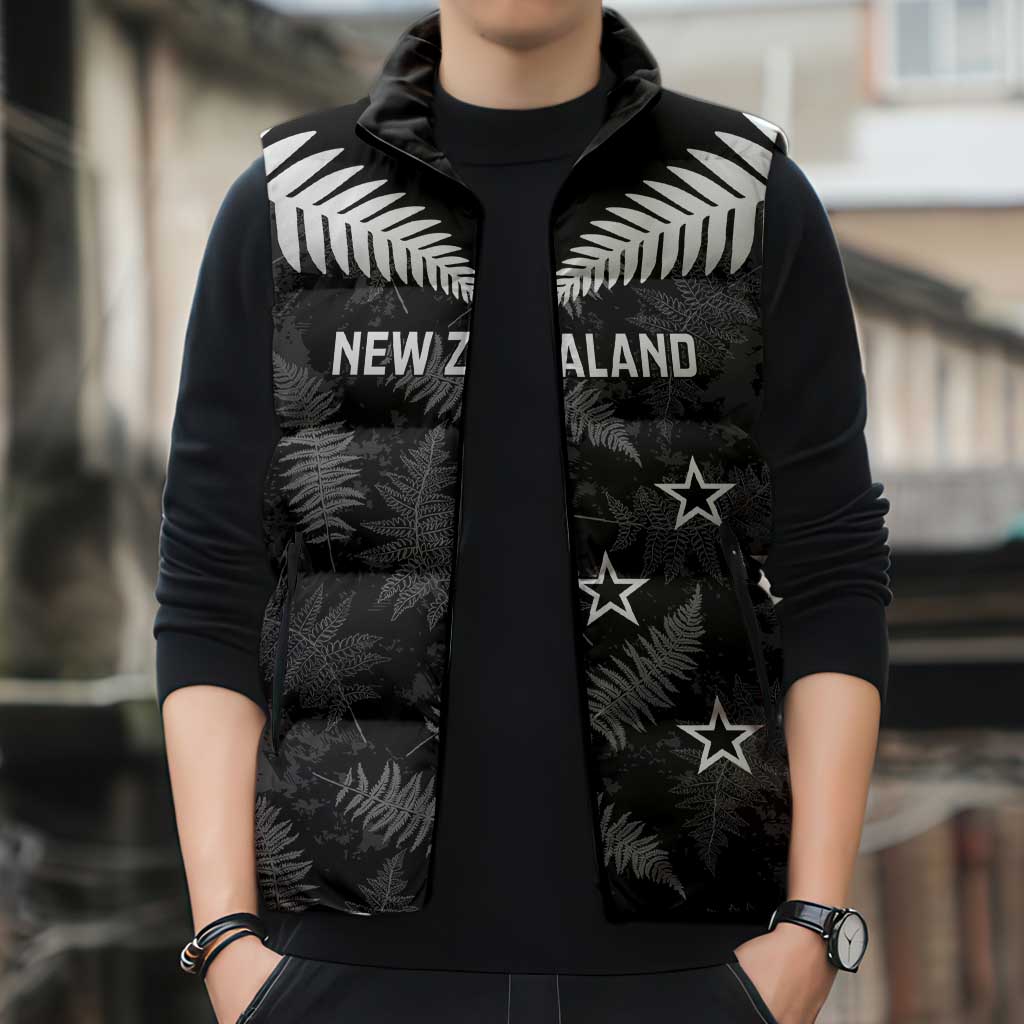 Custom New Zealand Silver Fern Football Sleeveless Puffer Jacket Go Aotearoa Grunge Black - Polynesian Pride