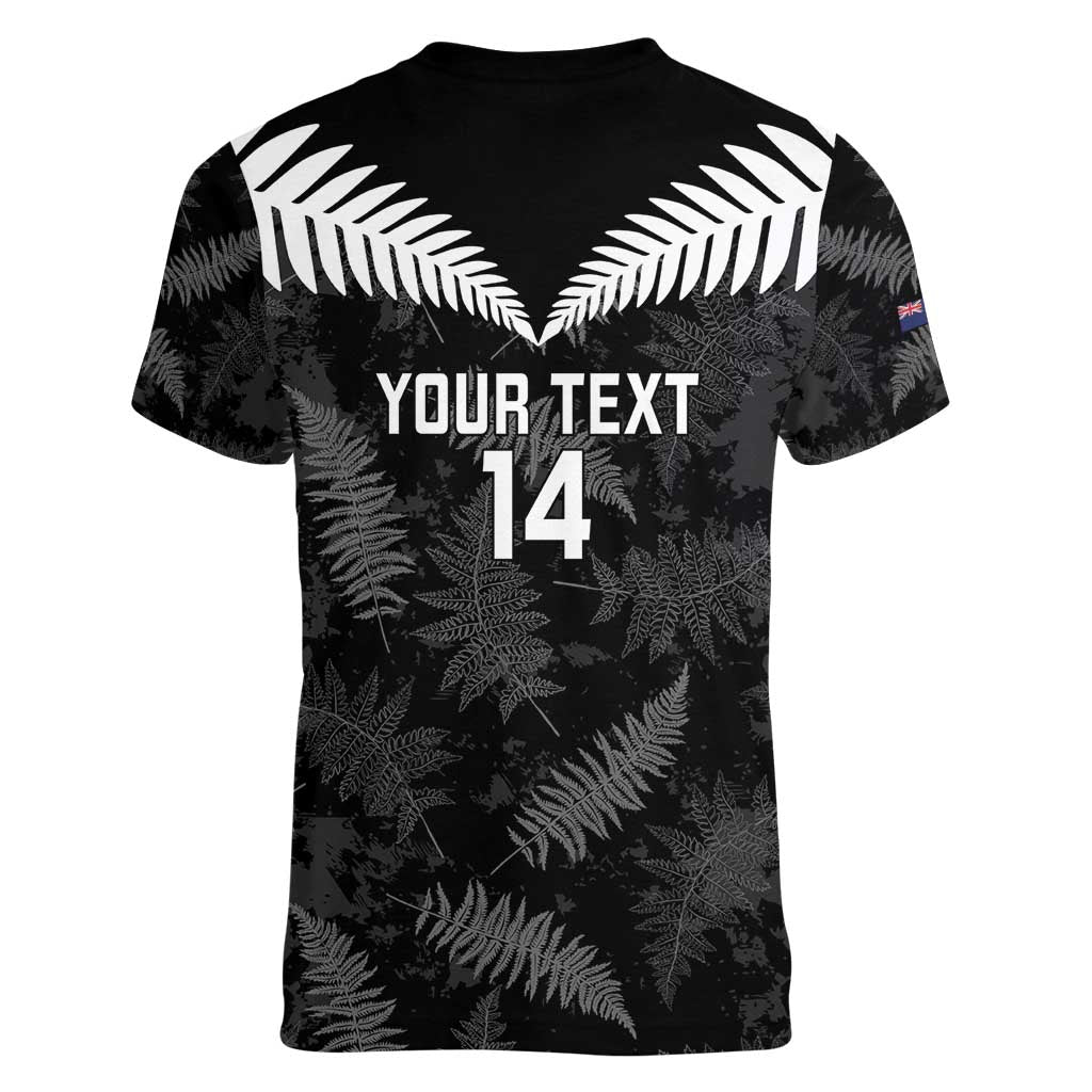 Custom New Zealand Silver Fern Football Women V-Neck T-Shirt Go Aotearoa Grunge Black - Polynesian Pride