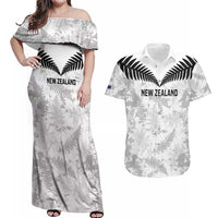 Custom New Zealand Silver Fern Football Couples Matching Off Shoulder Maxi Dress and Hawaiian Shirt Go Aotearoa Grunge White - Polynesian Pride