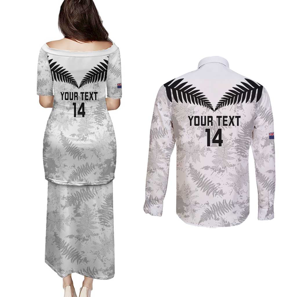 Custom New Zealand Silver Fern Football Couples Matching Puletasi and Long Sleeve Button Shirt Go Aotearoa Grunge White - Polynesian Pride