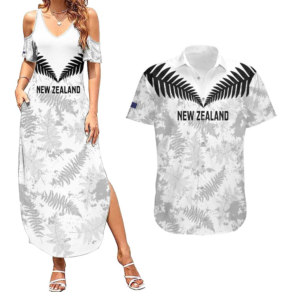 Custom New Zealand Silver Fern Football Couples Matching Summer Maxi Dress and Hawaiian Shirt Go Aotearoa Grunge White - Polynesian Pride