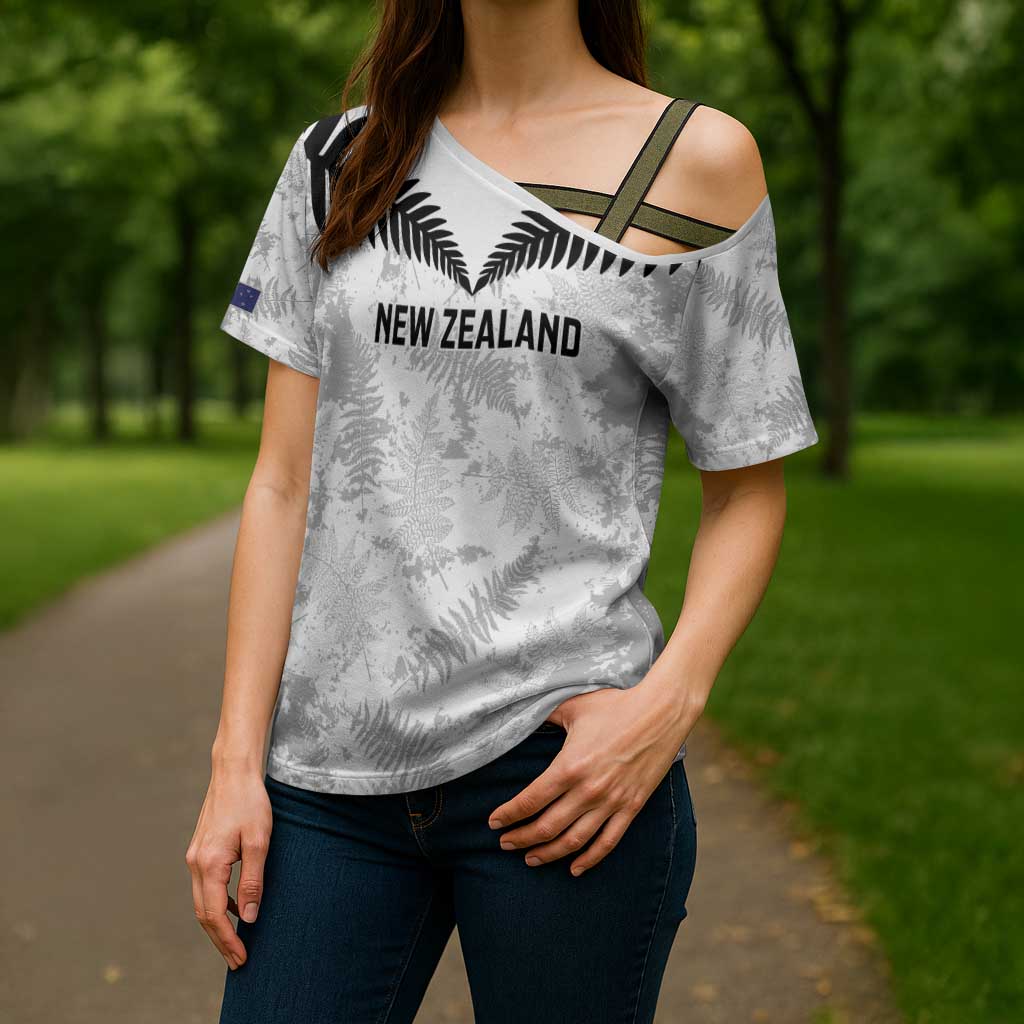 Custom New Zealand Silver Fern Football Cross Shoulder Shirt Go Aotearoa Grunge White - Polynesian Pride