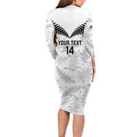 Custom New Zealand Silver Fern Football Family Matching Long Sleeve Bodycon Dress and Hawaiian Shirt Go Aotearoa Grunge White - Polynesian Pride