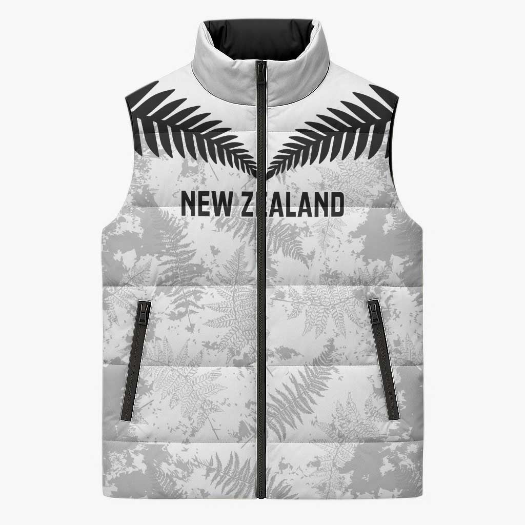 Custom New Zealand Silver Fern Football Sleeveless Puffer Jacket Go Aotearoa Grunge White - Polynesian Pride