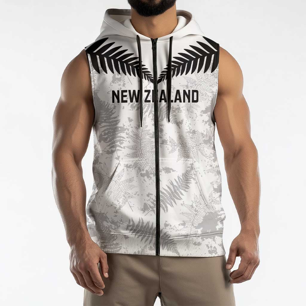 Custom New Zealand Silver Fern Football Sleeveless Zip Hoodie Go Aotearoa Grunge White - Polynesian Pride