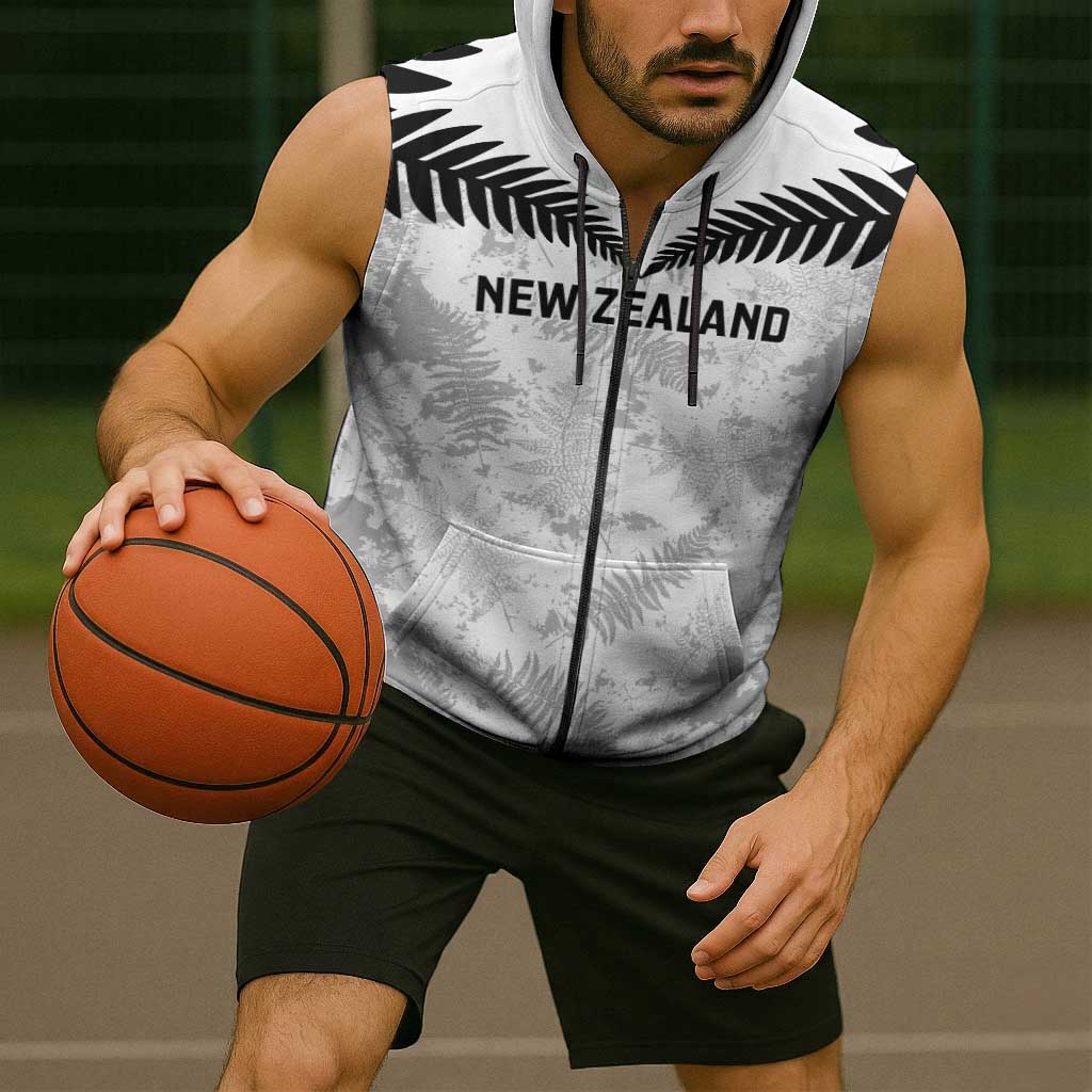 Custom New Zealand Silver Fern Football Sleeveless Zip Hoodie Go Aotearoa Grunge White - Polynesian Pride