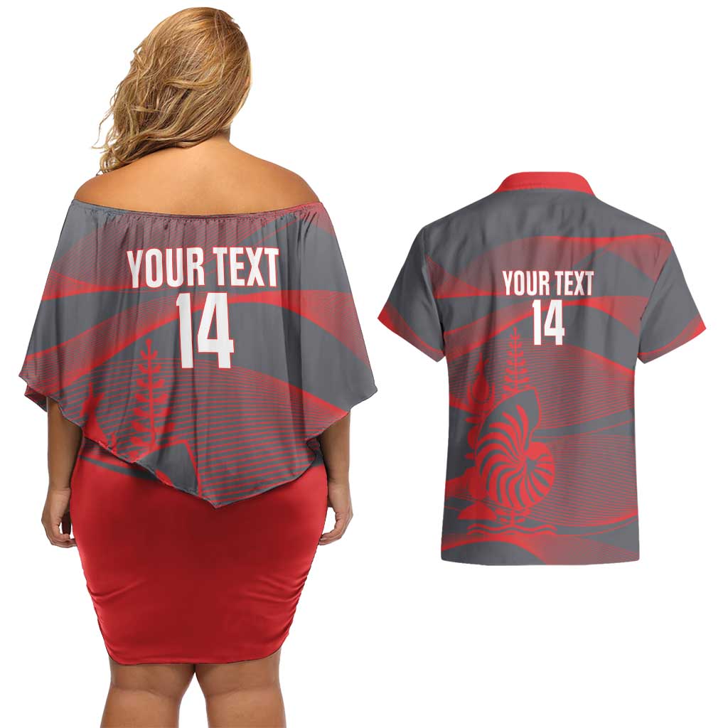 Custom New Caledonia Football Couples Matching Off Shoulder Short Dress and Hawaiian Shirt Allez Les Cagous Grey Version - Polynesian Pride