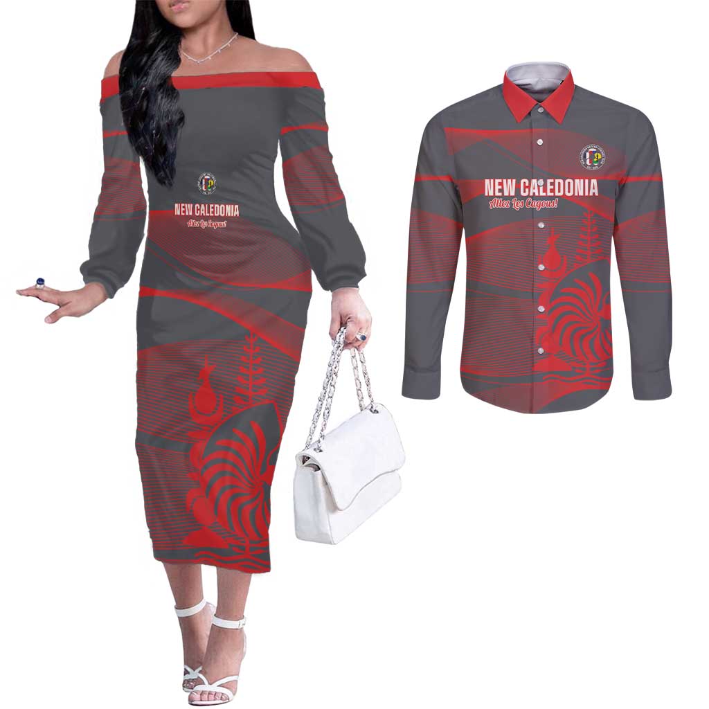 Custom New Caledonia Football Couples Matching Off The Shoulder Long Sleeve Dress and Long Sleeve Button Shirt Allez Les Cagous Grey Version - Polynesian Pride