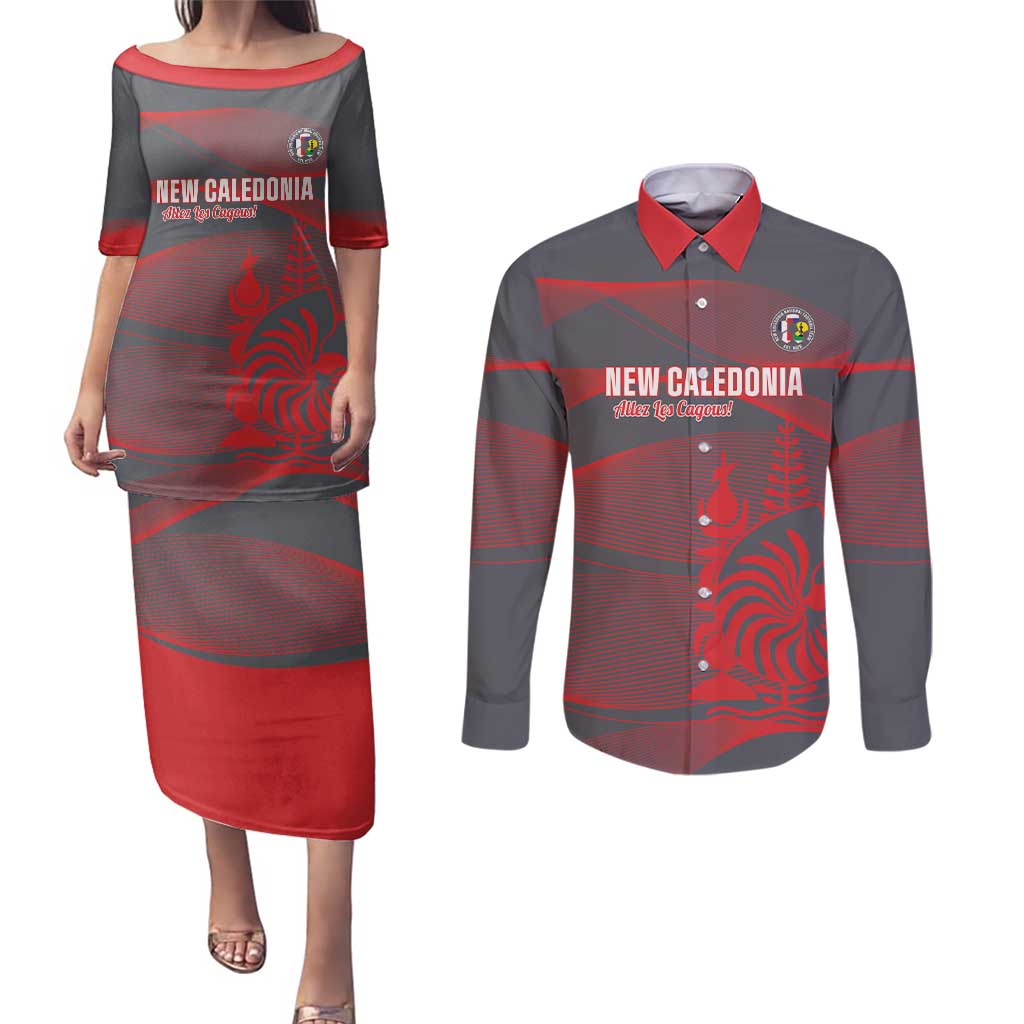 Custom New Caledonia Football Couples Matching Puletasi and Long Sleeve Button Shirt Allez Les Cagous Grey Version LT14 Grey - Polynesian Pride