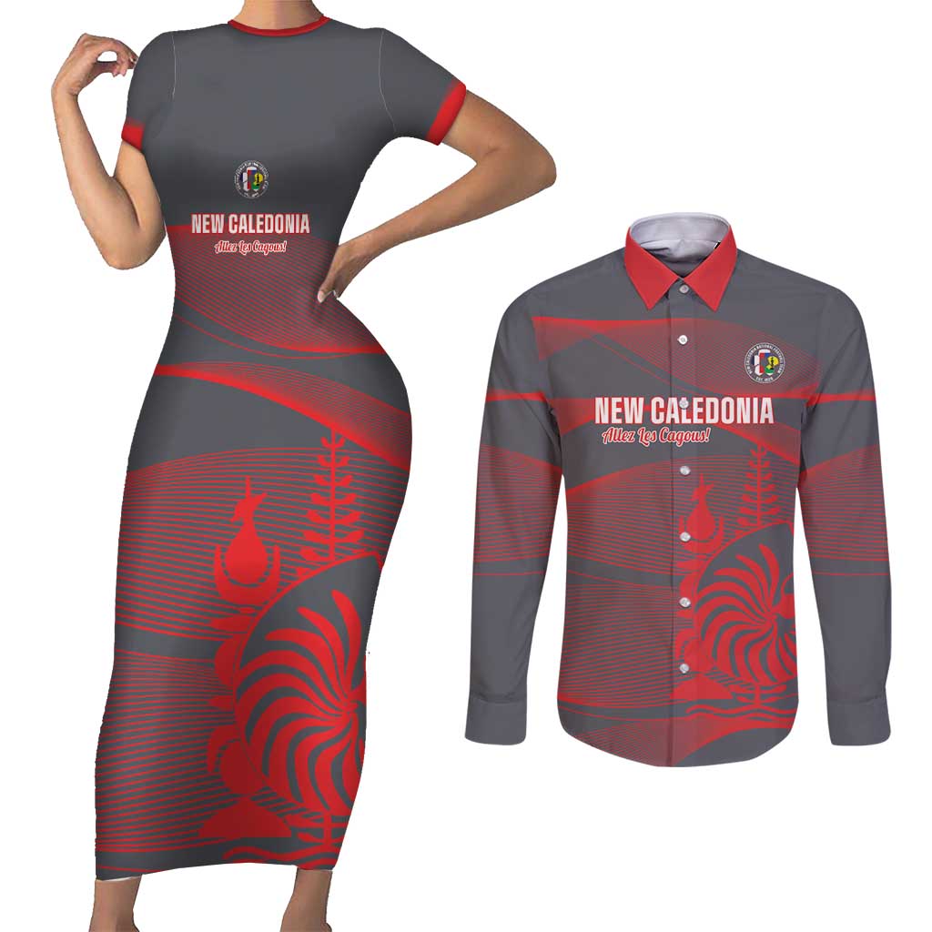Custom New Caledonia Football Couples Matching Short Sleeve Bodycon Dress and Long Sleeve Button Shirt Allez Les Cagous Grey Version - Polynesian Pride