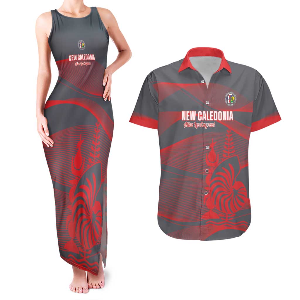 Custom New Caledonia Football Couples Matching Tank Maxi Dress and Hawaiian Shirt Allez Les Cagous Grey Version - Polynesian Pride