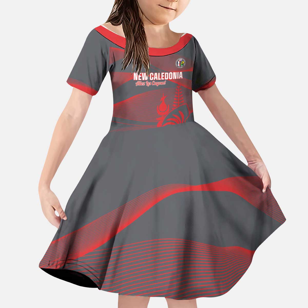 Custom New Caledonia Football Kid Short Sleeve Dress Allez Les Cagous Grey Version - Polynesian Pride
