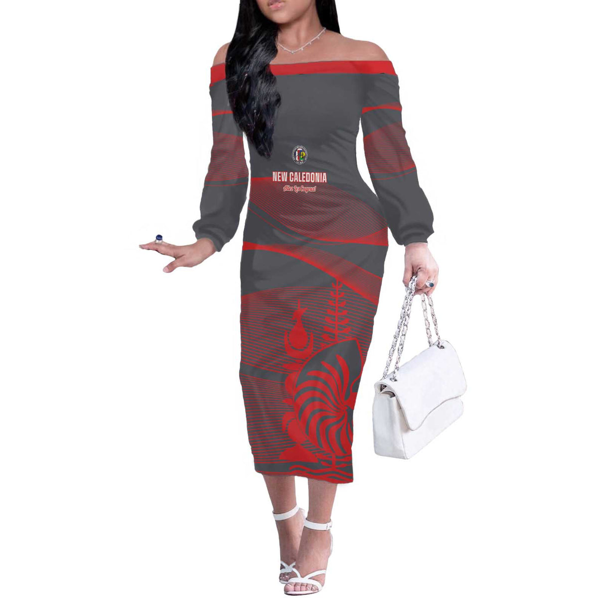 Custom New Caledonia Football Off The Shoulder Long Sleeve Dress Allez Les Cagous Grey Version - Polynesian Pride