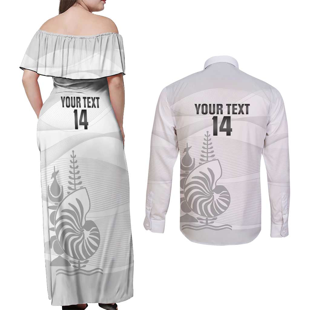 Custom New Caledonia Football Couples Matching Off Shoulder Maxi Dress and Long Sleeve Button Shirt Allez Les Cagous White Version - Polynesian Pride