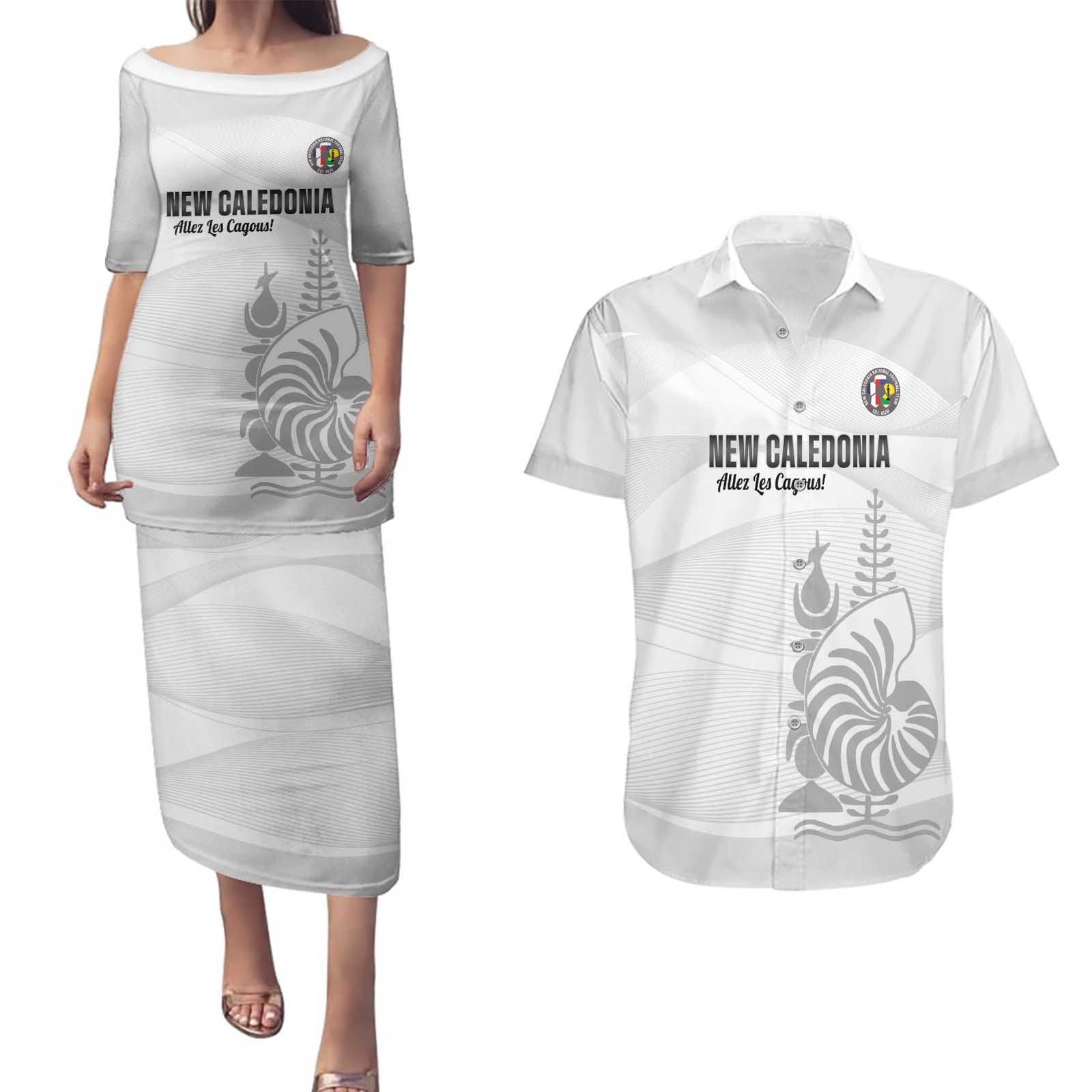 Custom New Caledonia Football Couples Matching Puletasi and Hawaiian Shirt Allez Les Cagous White Version LT14 White - Polynesian Pride