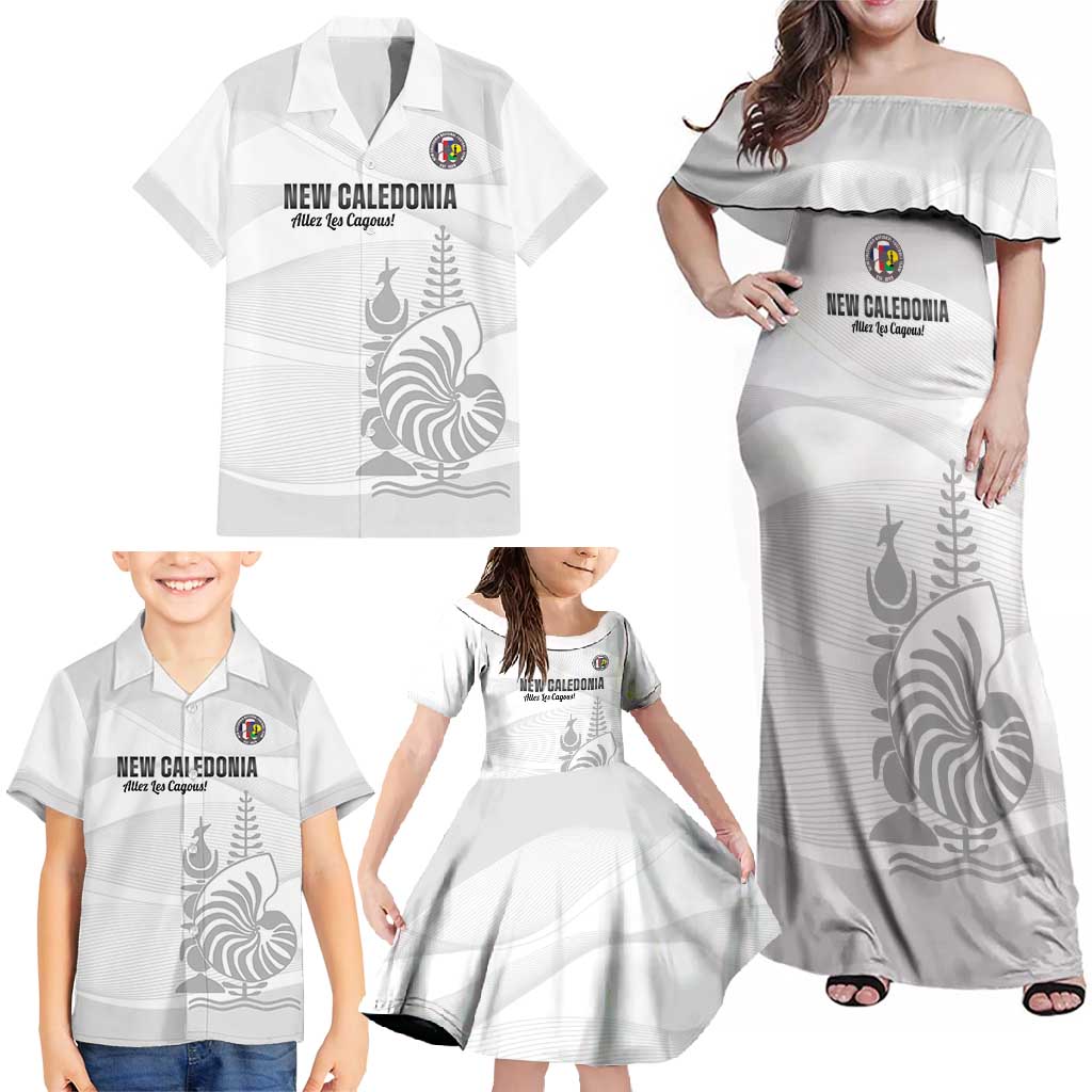 Custom New Caledonia Football Family Matching Off Shoulder Maxi Dress and Hawaiian Shirt Allez Les Cagous White Version - Polynesian Pride