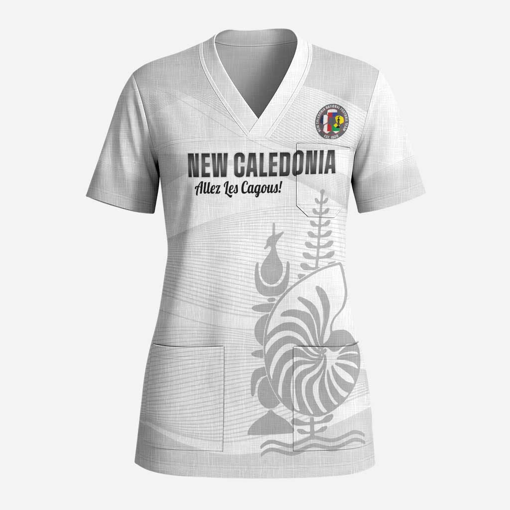 Custom New Caledonia Football Scrub Top Allez Les Cagous White Version - Polynesian Pride