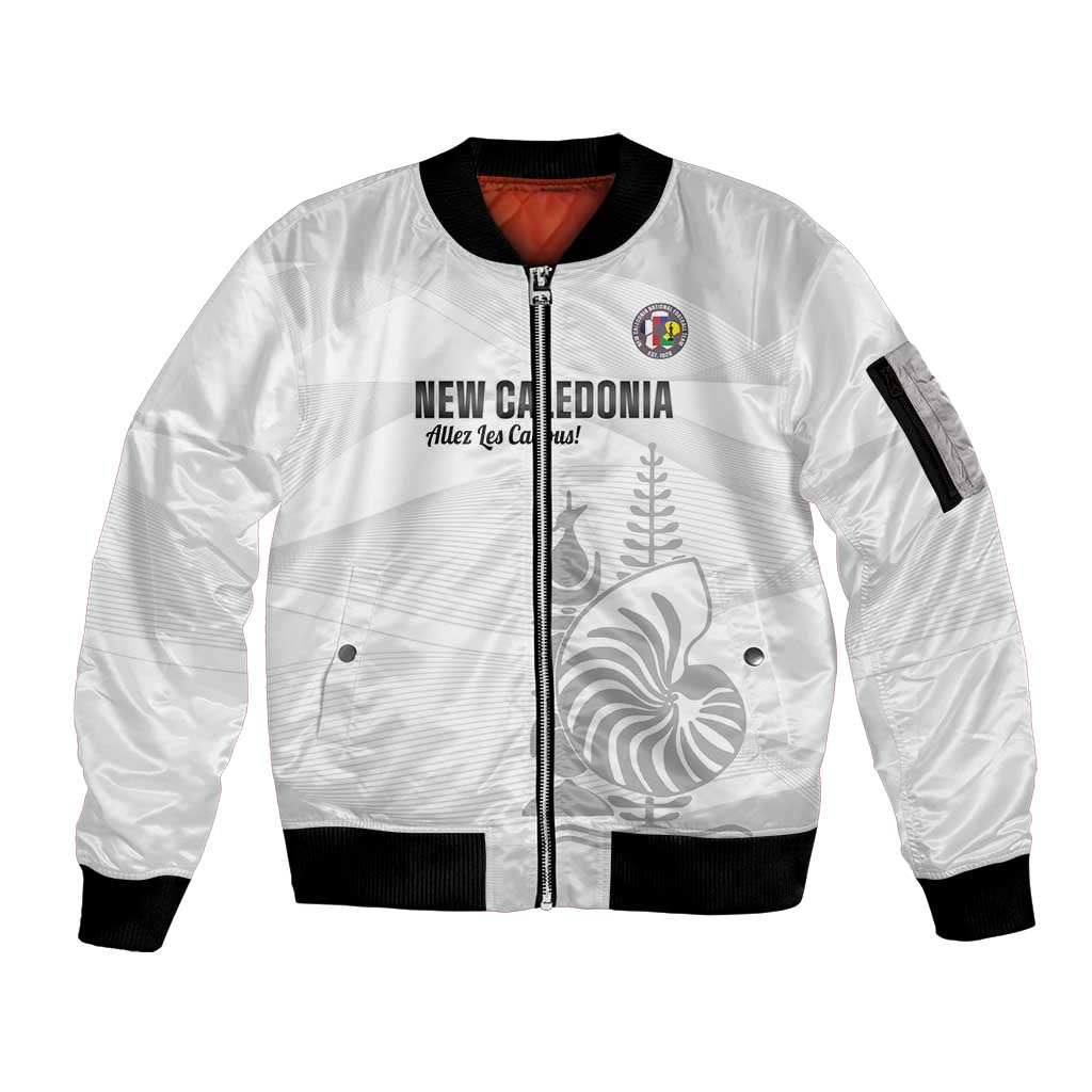Custom New Caledonia Football Sleeve Zip Bomber Jacket Allez Les Cagous White Version LT14 Unisex White - Polynesian Pride