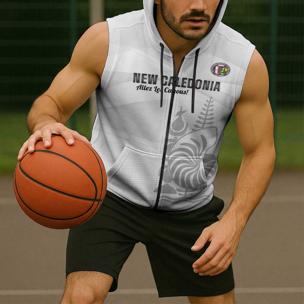 Custom New Caledonia Football Sleeveless Zip Hoodie Allez Les Cagous White Version - Polynesian Pride
