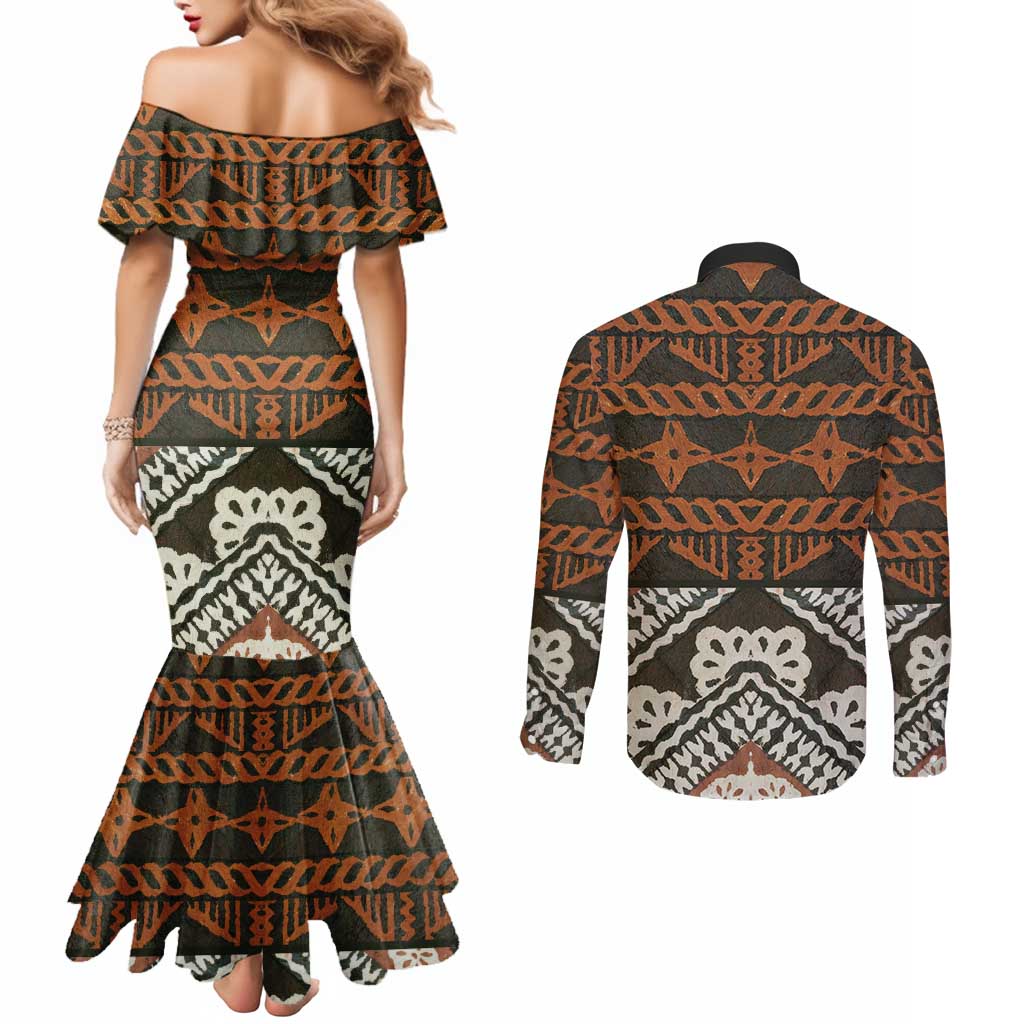 Bula Fiji Tapa Couples Matching Mermaid Dress and Long Sleeve Button Shirt Fijian Masi Vintage Vibes - Polynesian Pride