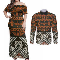 Bula Fiji Tapa Couples Matching Off Shoulder Maxi Dress and Long Sleeve Button Shirt Fijian Masi Vintage Vibes - Polynesian Pride