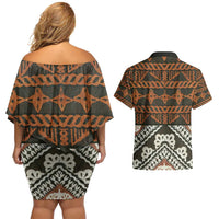 Bula Fiji Tapa Couples Matching Off Shoulder Short Dress and Hawaiian Shirt Fijian Masi Vintage Vibes - Polynesian Pride