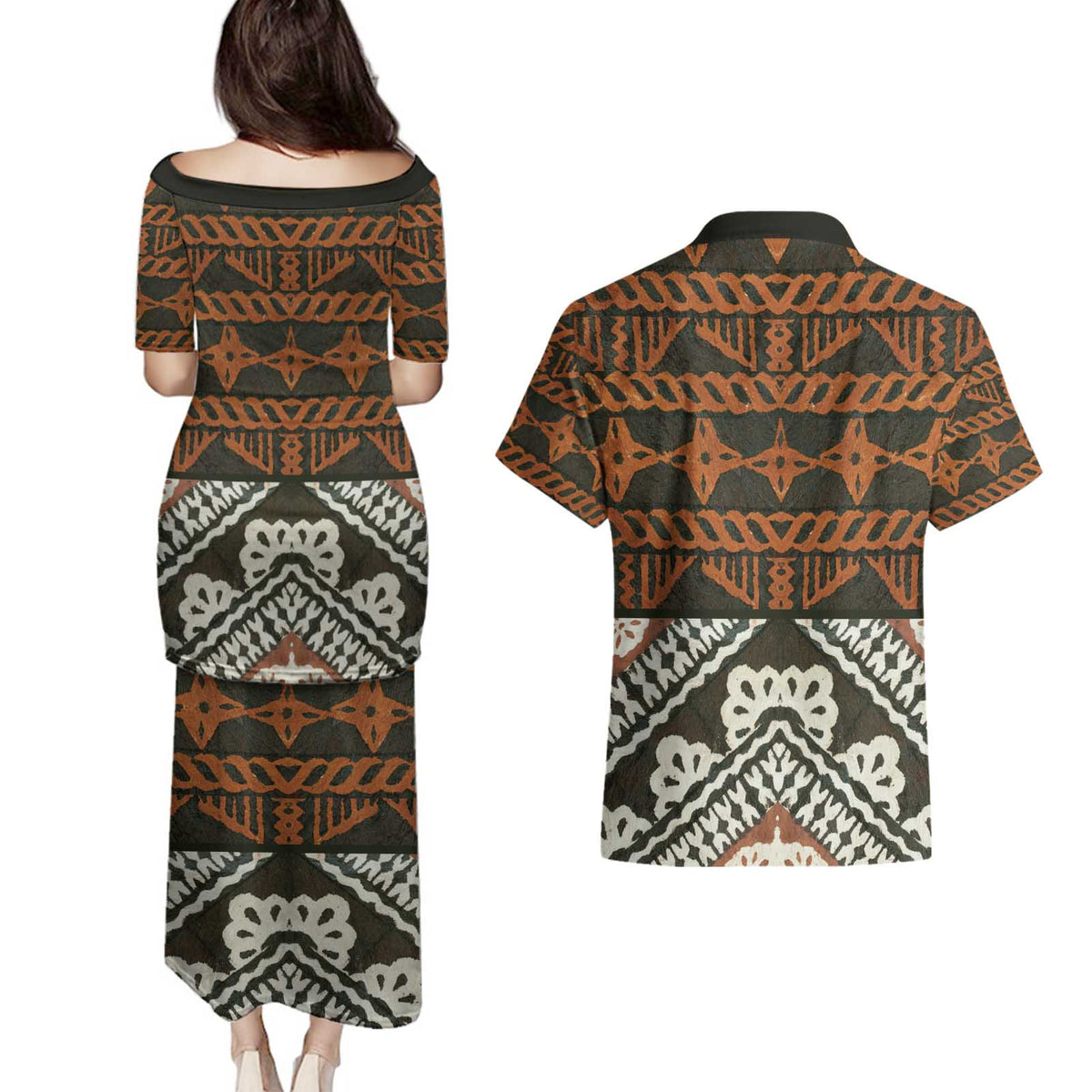 Bula Fiji Tapa Couples Matching Puletasi and Hawaiian Shirt Fijian Masi Vintage Vibes - Polynesian Pride