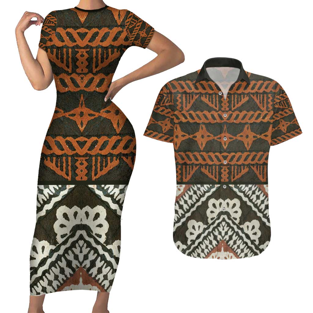 Bula Fiji Tapa Couples Matching Short Sleeve Bodycon Dress and Hawaiian Shirt Fijian Masi Vintage Vibes - Polynesian Pride