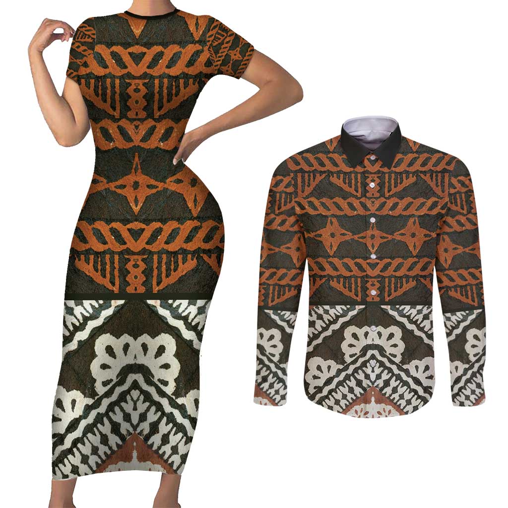 Bula Fiji Tapa Couples Matching Short Sleeve Bodycon Dress and Long Sleeve Button Shirt Fijian Masi Vintage Vibes - Polynesian Pride