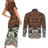 Bula Fiji Tapa Couples Matching Short Sleeve Bodycon Dress and Long Sleeve Button Shirt Fijian Masi Vintage Vibes - Polynesian Pride