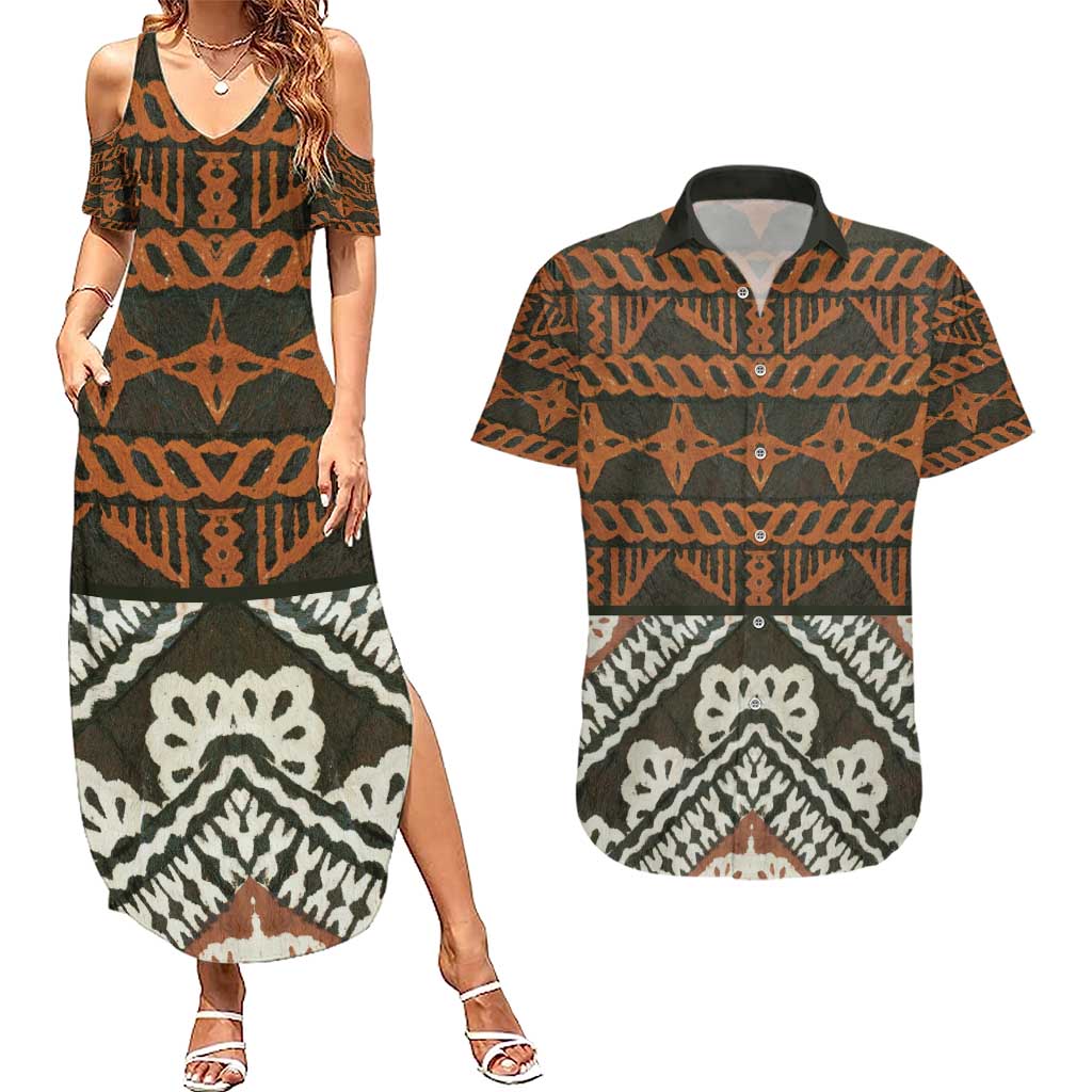 Bula Fiji Tapa Couples Matching Summer Maxi Dress and Hawaiian Shirt Fijian Masi Vintage Vibes - Polynesian Pride