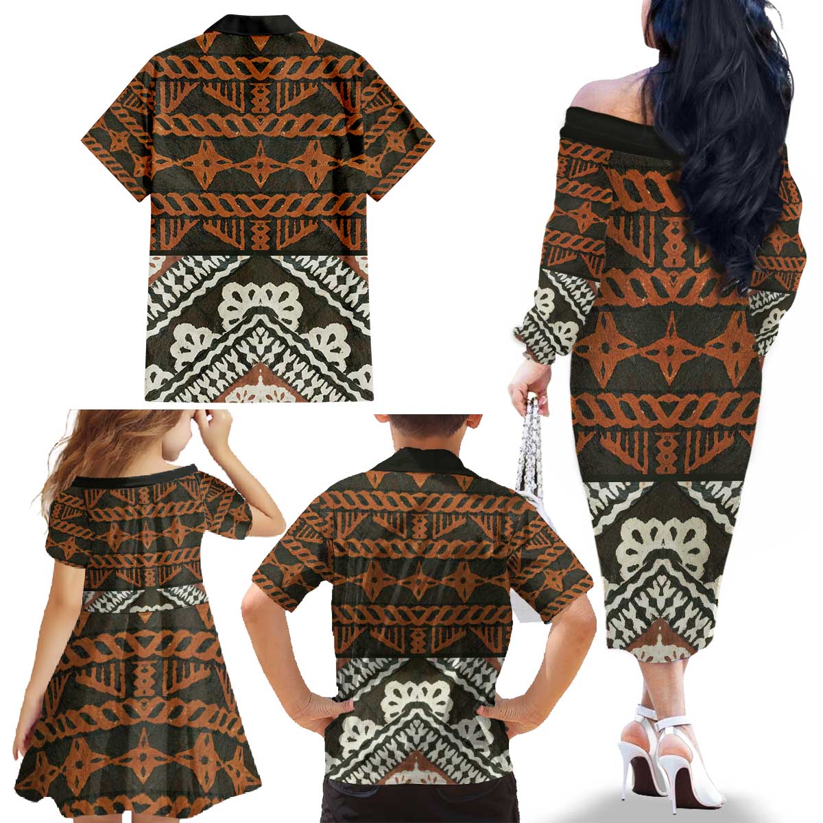 Bula Fiji Tapa Family Matching Off The Shoulder Long Sleeve Dress and Hawaiian Shirt Fijian Masi Vintage Vibes - Polynesian Pride