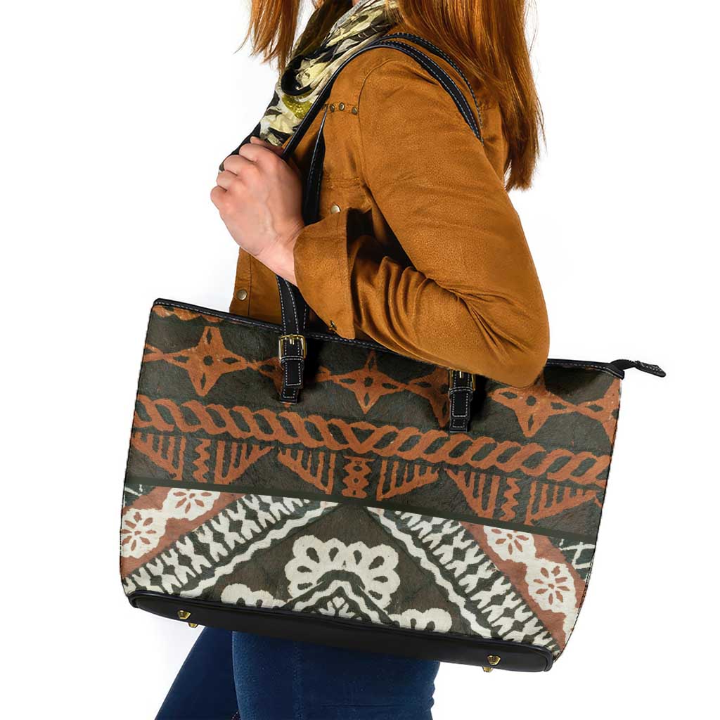 Bula Fiji Tapa Leather Tote Bag Fijian Masi Vintage Vibes LT14 Brown - Polynesian Pride