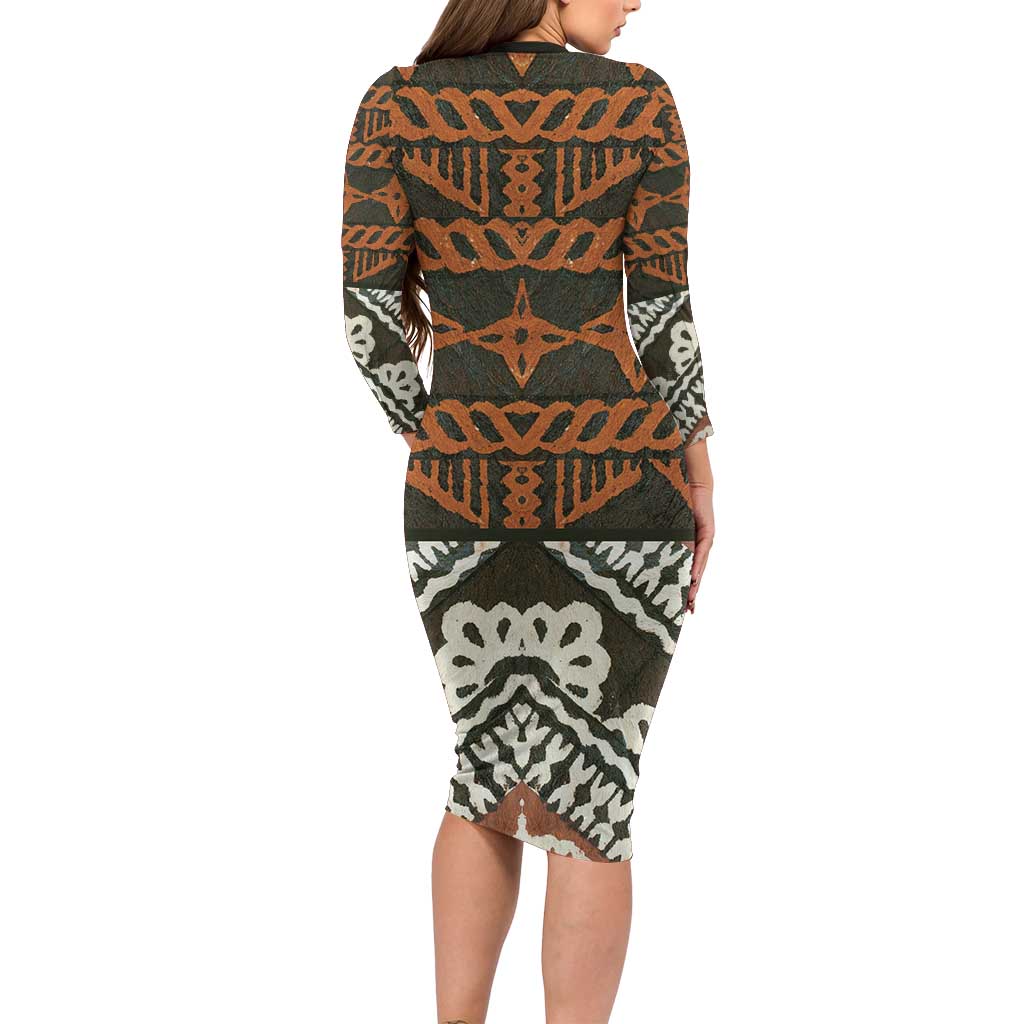 Bula Fiji Tapa Long Sleeve Bodycon Dress Fijian Masi Vintage Vibes - Polynesian Pride