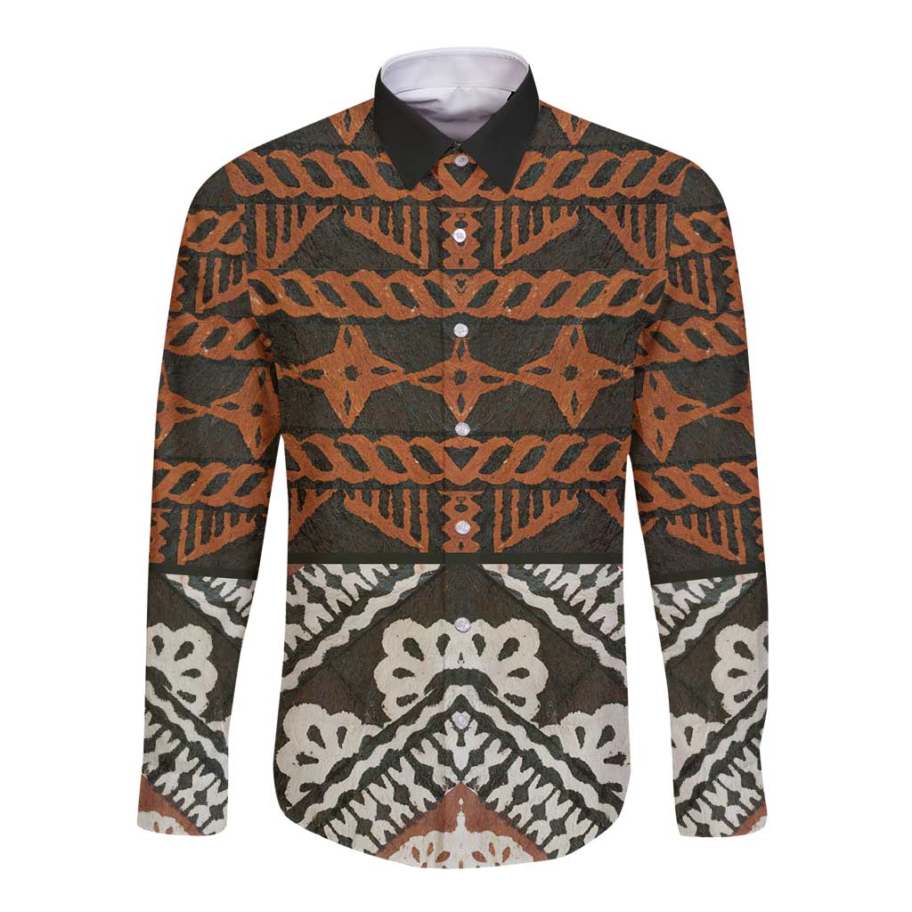 Bula Fiji Tapa Long Sleeve Button Shirt Fijian Masi Vintage Vibes LT14 Unisex Brown - Polynesian Pride