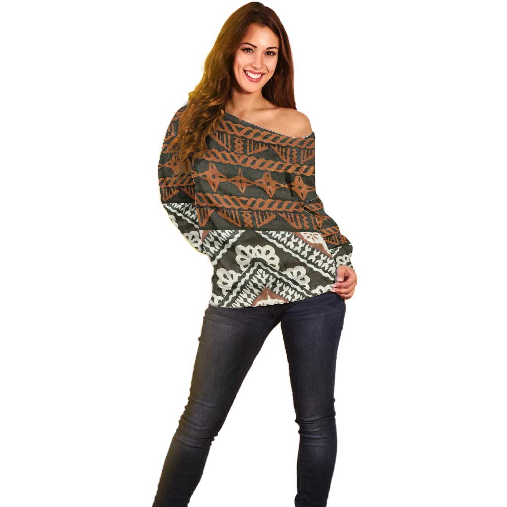 Bula Fiji Tapa Off Shoulder Sweater Fijian Masi Vintage Vibes - Polynesian Pride