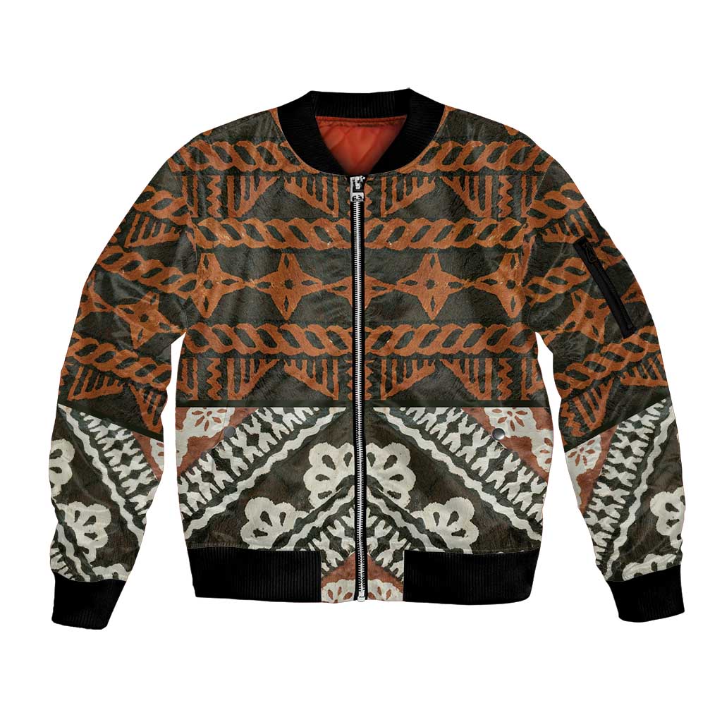 Bula Fiji Tapa Sleeve Zip Bomber Jacket Fijian Masi Vintage Vibes LT14 Unisex Brown - Polynesian Pride
