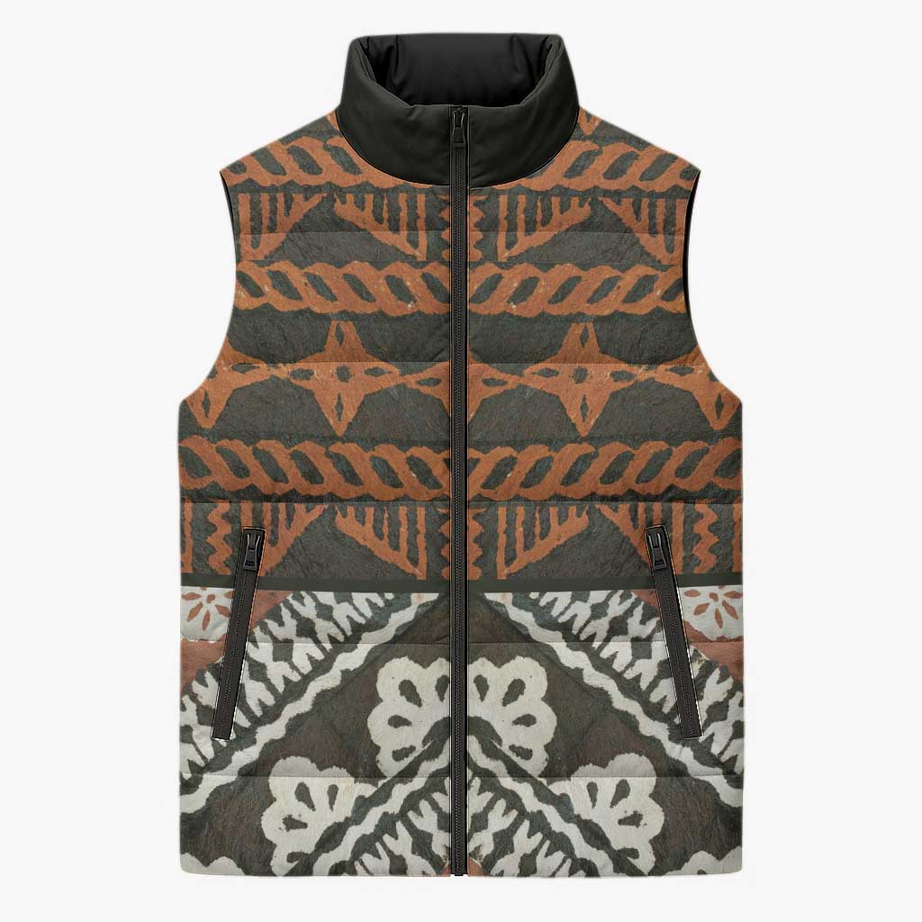 Bula Fiji Tapa Sleeveless Puffer Jacket Fijian Masi Vintage Vibes LT14 Unisex Brown - Polynesian Pride