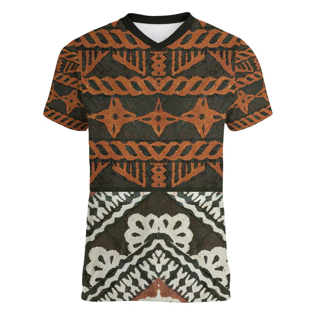 Bula Fiji Tapa Women V-Neck T-Shirt Fijian Masi Vintage Vibes - Polynesian Pride
