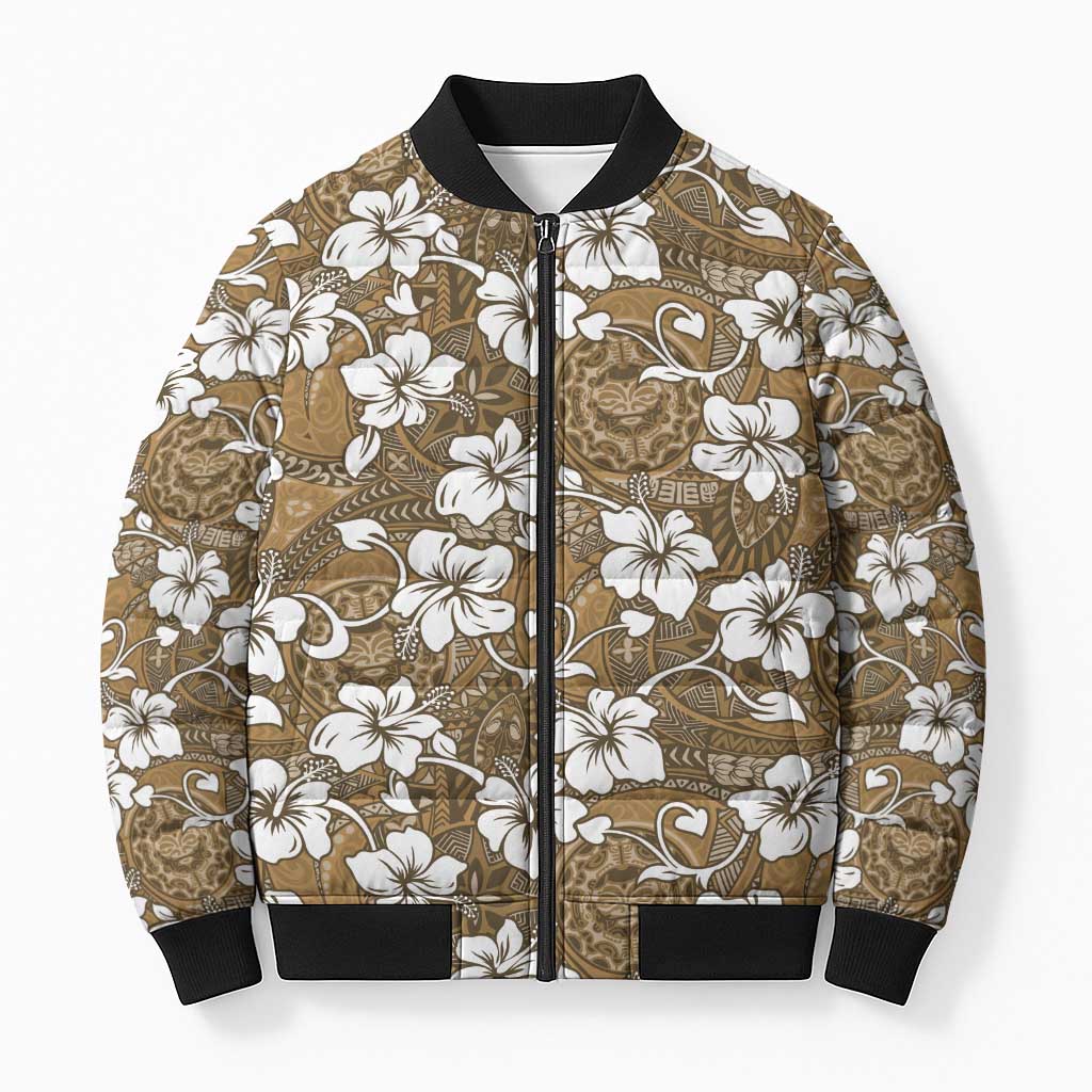 Kuvui Bula Fiji Bomber Puffer Jacket Fijian Tapa Seamless Hibiscus LT14 Unisex Brown - Polynesian Pride