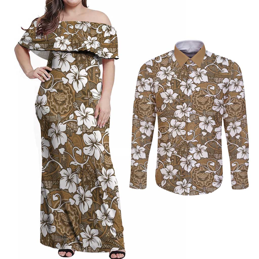 Kuvui Bula Fiji Couples Matching Off Shoulder Maxi Dress and Long Sleeve Button Shirt Fijian Tapa Seamless Hibiscus - Polynesian Pride