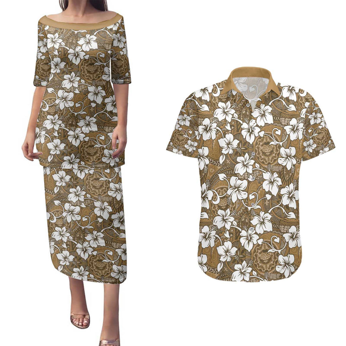 Kuvui Bula Fiji Couples Matching Puletasi and Hawaiian Shirt Fijian Tapa Seamless Hibiscus - Polynesian Pride