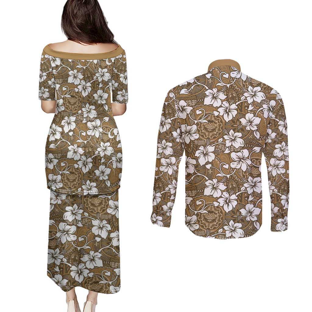 Kuvui Bula Fiji Couples Matching Puletasi and Long Sleeve Button Shirt Fijian Tapa Seamless Hibiscus - Polynesian Pride